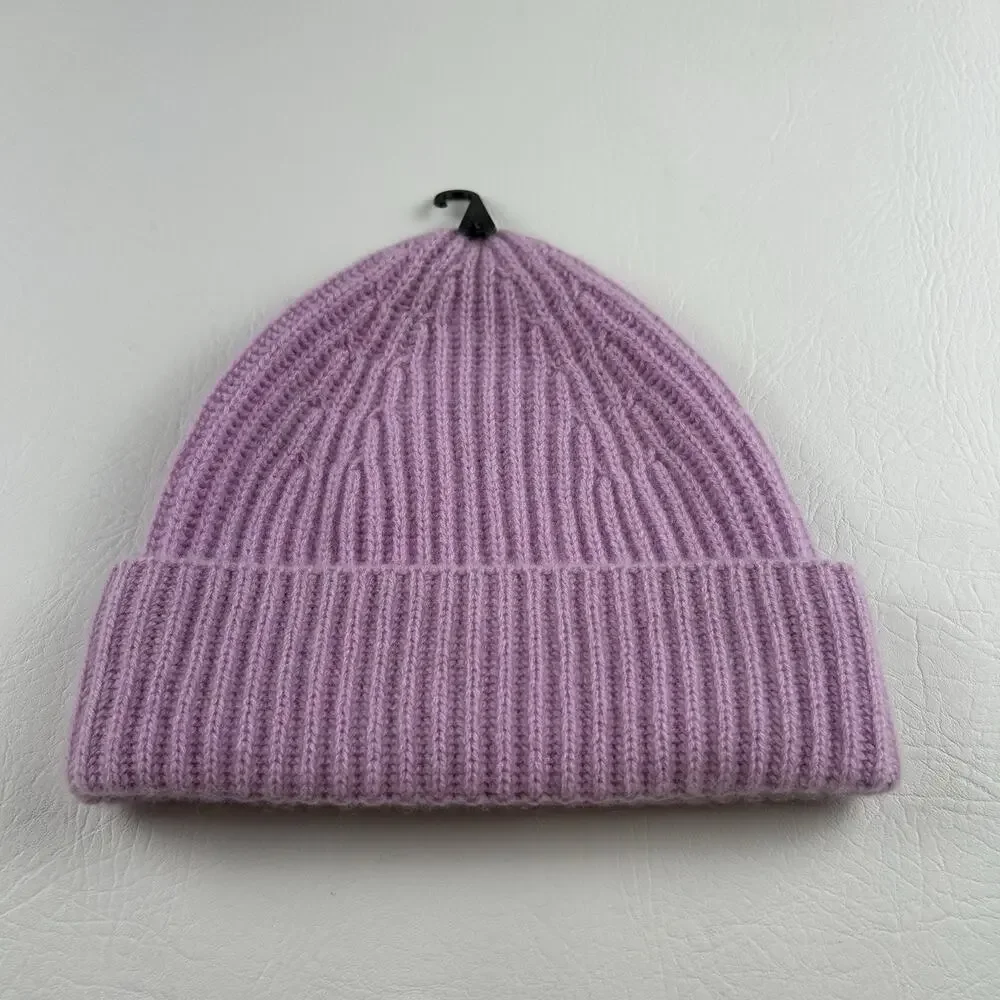 100% Cashmere Violet Ribbed Knit Beanie Cuffed Winter Hat Women’s